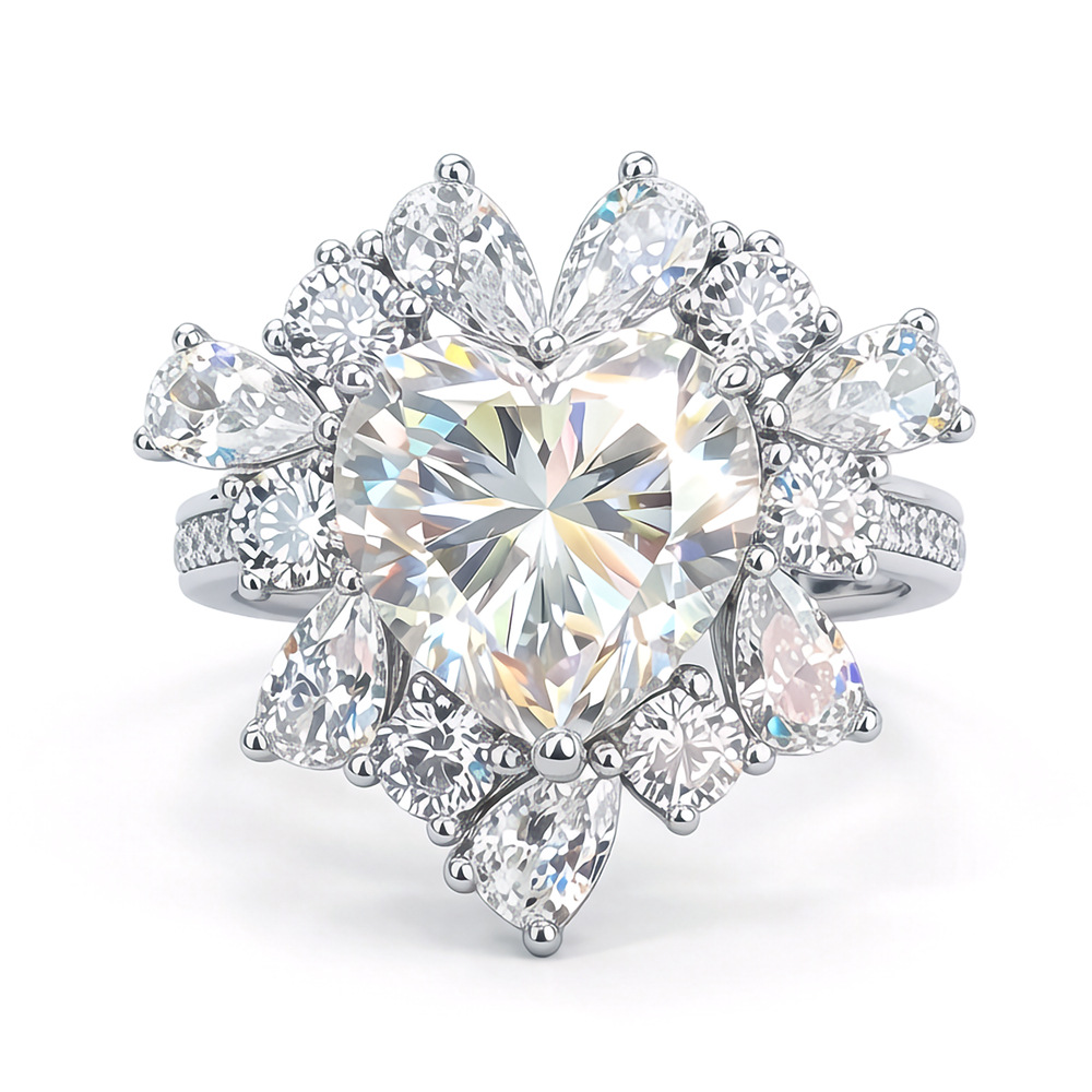 Sterling Silver Ring - 6CT Heart Cut Moissanite Floral Halo